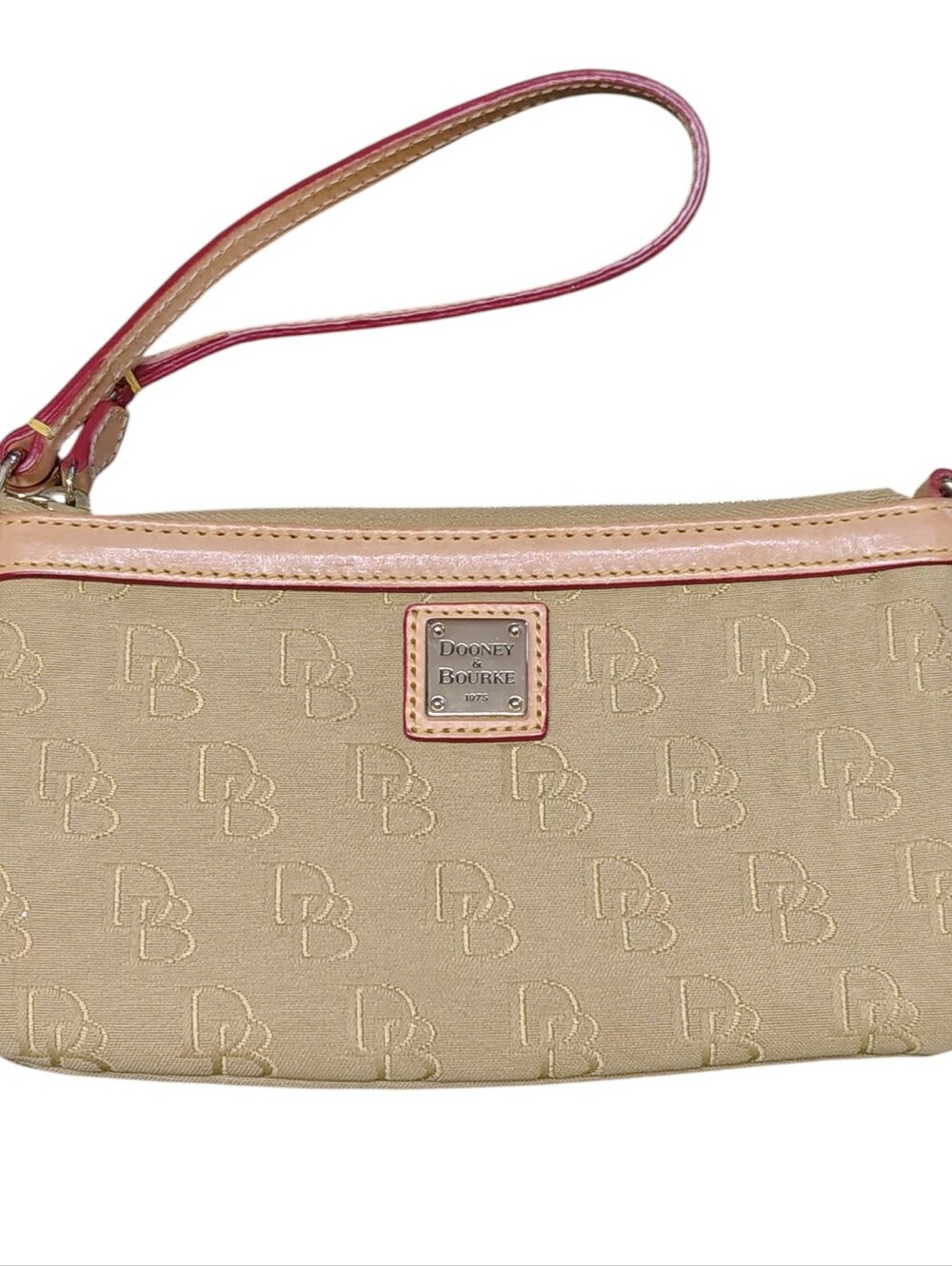 Dooney & Bourke Beige DB Monogram Canvas Wristlet Red Leather Trim Zip Clutch